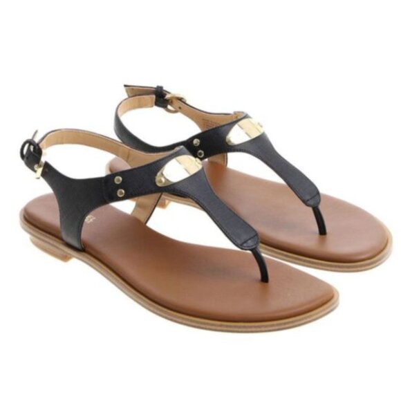 Michael Kors Black Leather Gold Logo Plate Thong Sandals Size 9M - Picture 1 of 7